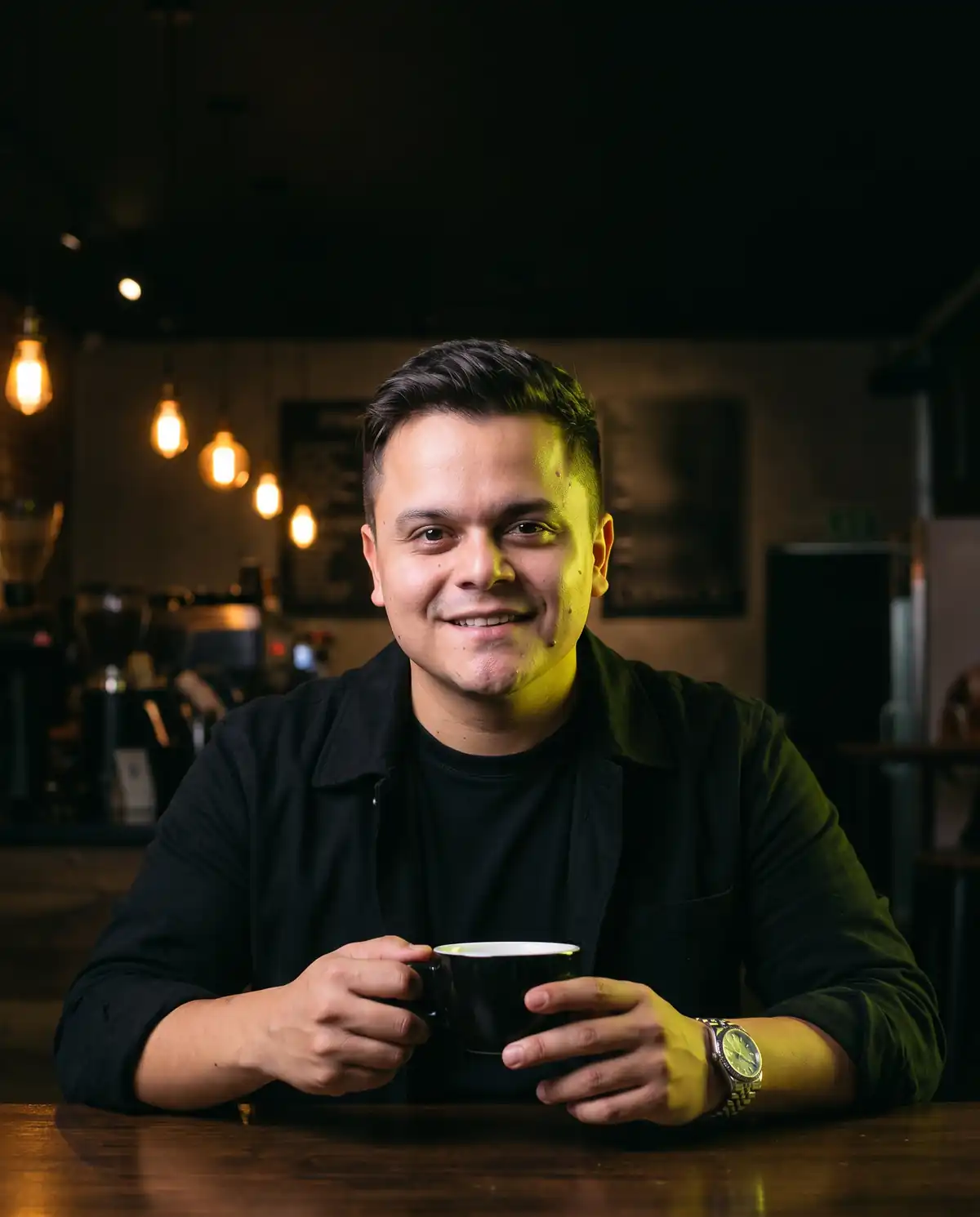 Israel Silva sonriendo en una cafetería con una taza de café
